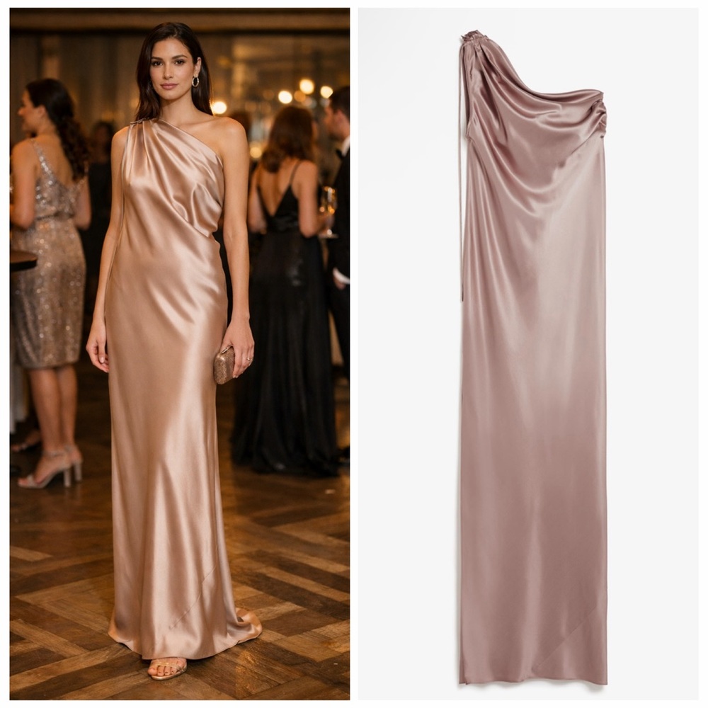 Max Mara Beige Gold Gown Silk Satin One Shoulder Column 2 Formal Wedding 🟡